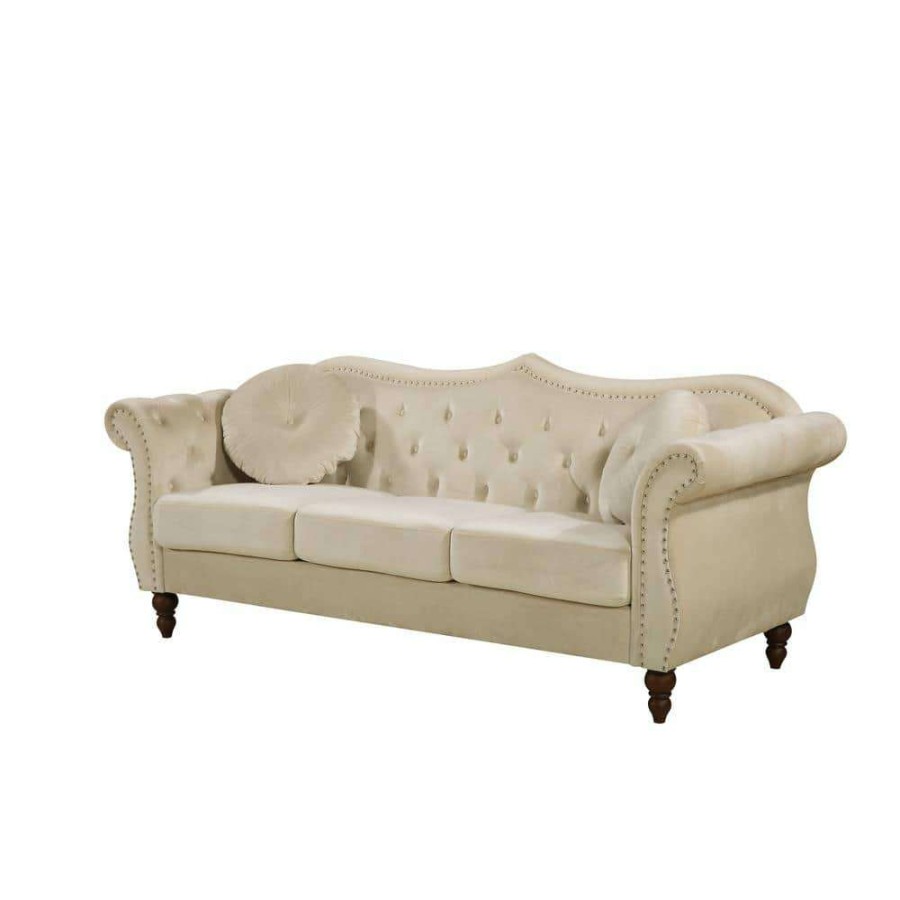 Living Room Furniture * | Bellbrook 79.5 In. Ivory Velvet 3-Seater Camelback Sofa With Nailheads By Us Pride Furniture