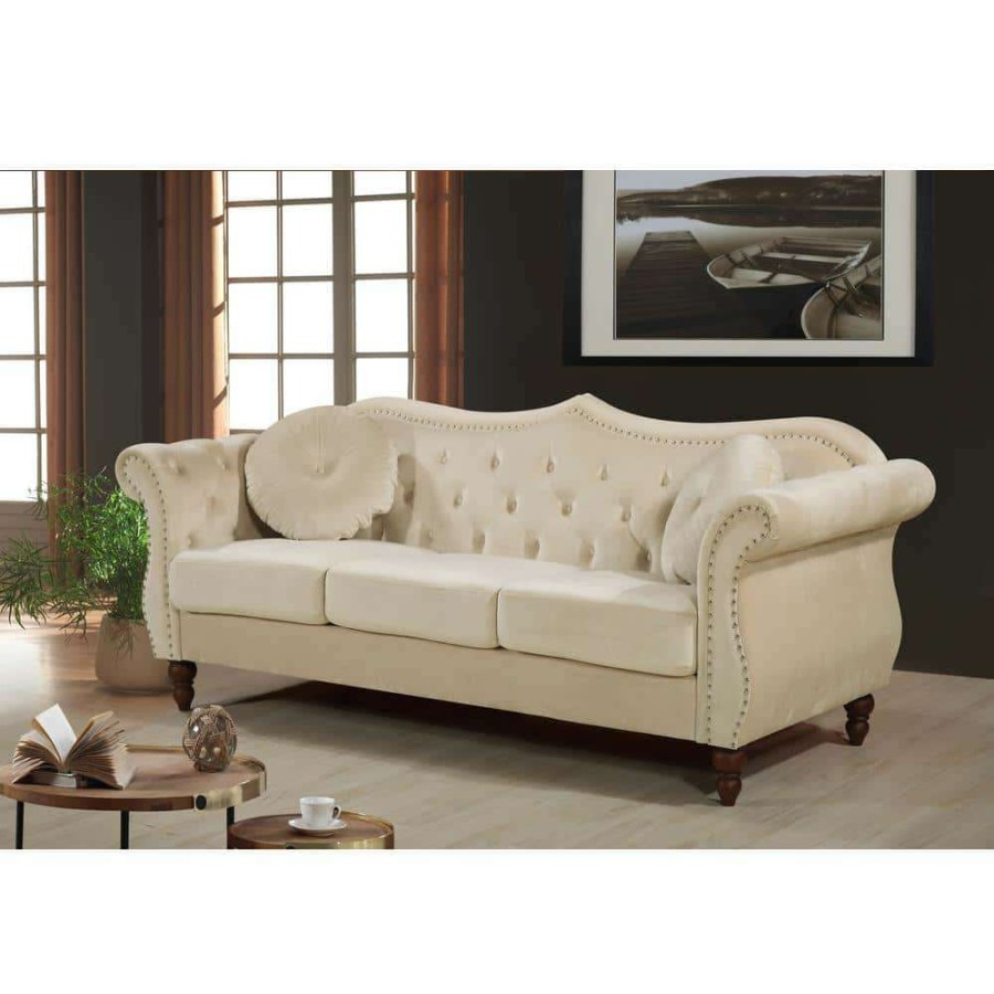 Living Room Furniture * | Bellbrook 79.5 In. Ivory Velvet 3-Seater Camelback Sofa With Nailheads By Us Pride Furniture