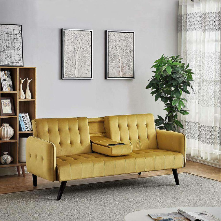 Living Room Furniture * | Jeff 72 In. Golden Yellow Velvet 2-Seats Twin Sofa Beds By Us Pride Furniture