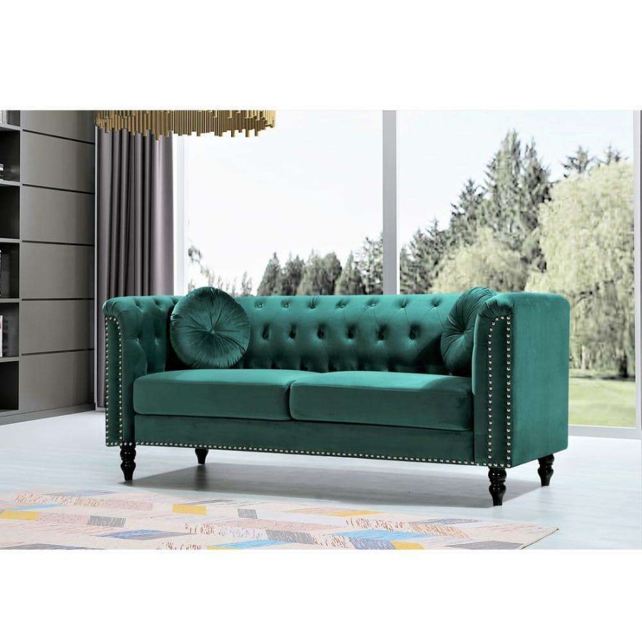 Living Room Furniture * | Vivian 75.98 In. W Green Classic Flared Arm Velvet 3-Seats Straight Chesterfield Sofa With Nailheads By Us Pride Furniture