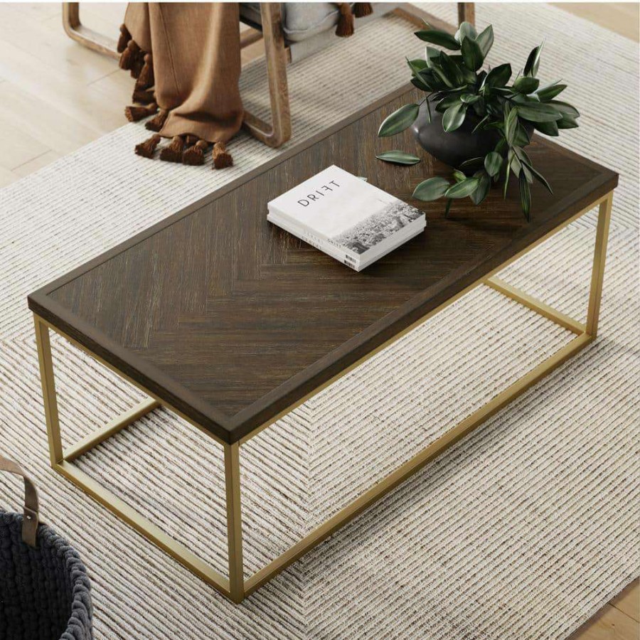 Living Room Furniture * | Doxa 44 In. Dark Brown/Gold Large Rectangle Wood Coffee Table With Metal Box Frame By Nathan James