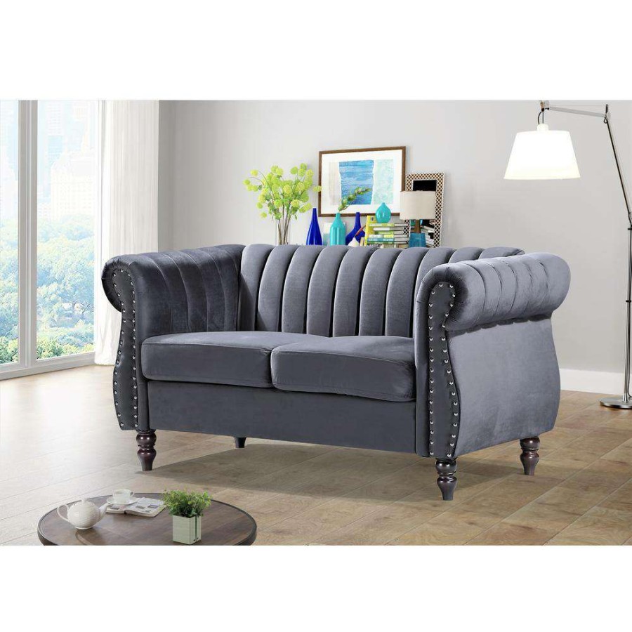 Living Room Furniture * | Louis 59.1 In. Grey Channel Tufted Velvet 2-Seater Loveseat With Nailheads By Us Pride Furniture