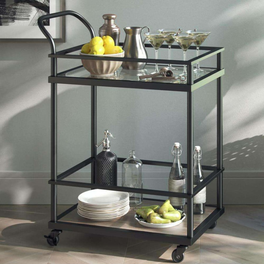 Bar Furniture * | Carter Modern Rolling Glass Bar 2-Tier Serving Cart Matte Black Metal Frame Oak Wood Shelf By Nathan James