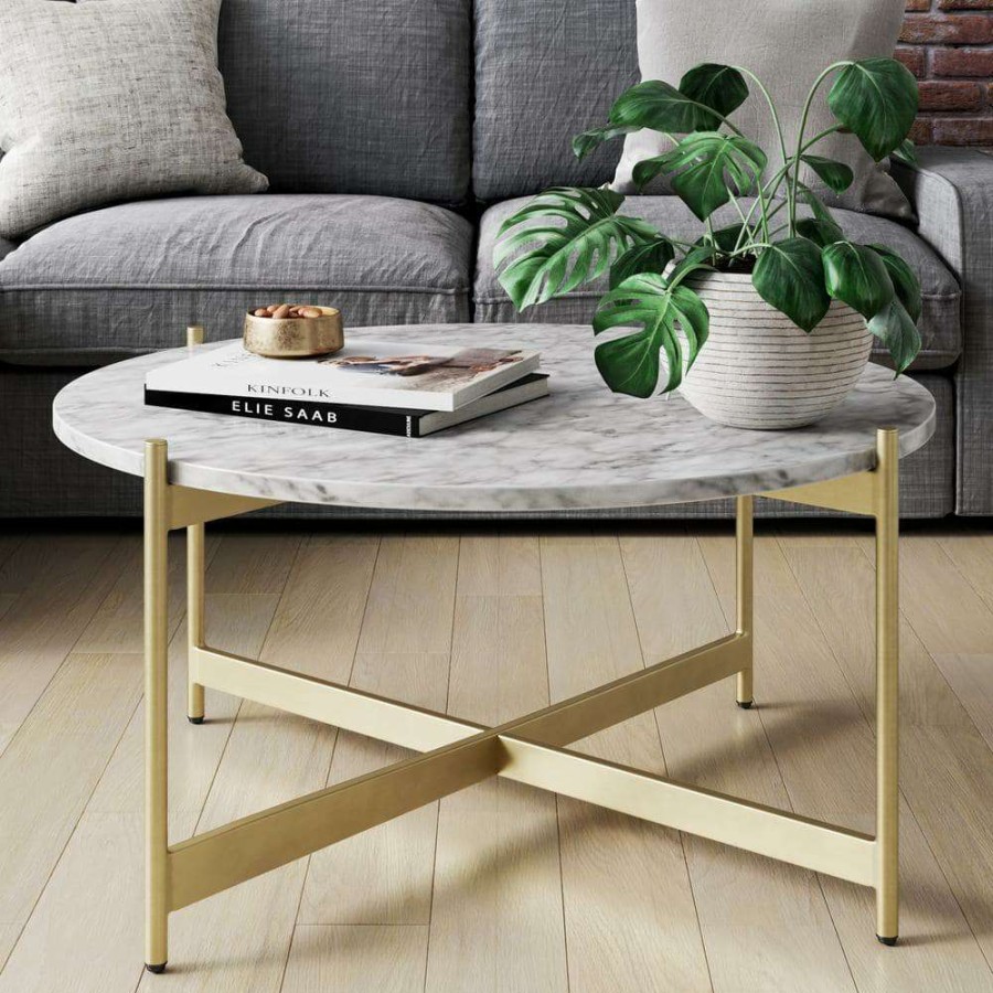 Living Room Furniture * | Piper 36 In. White/Gold Medium Round Faux Marble Coffee Table By Nathan James