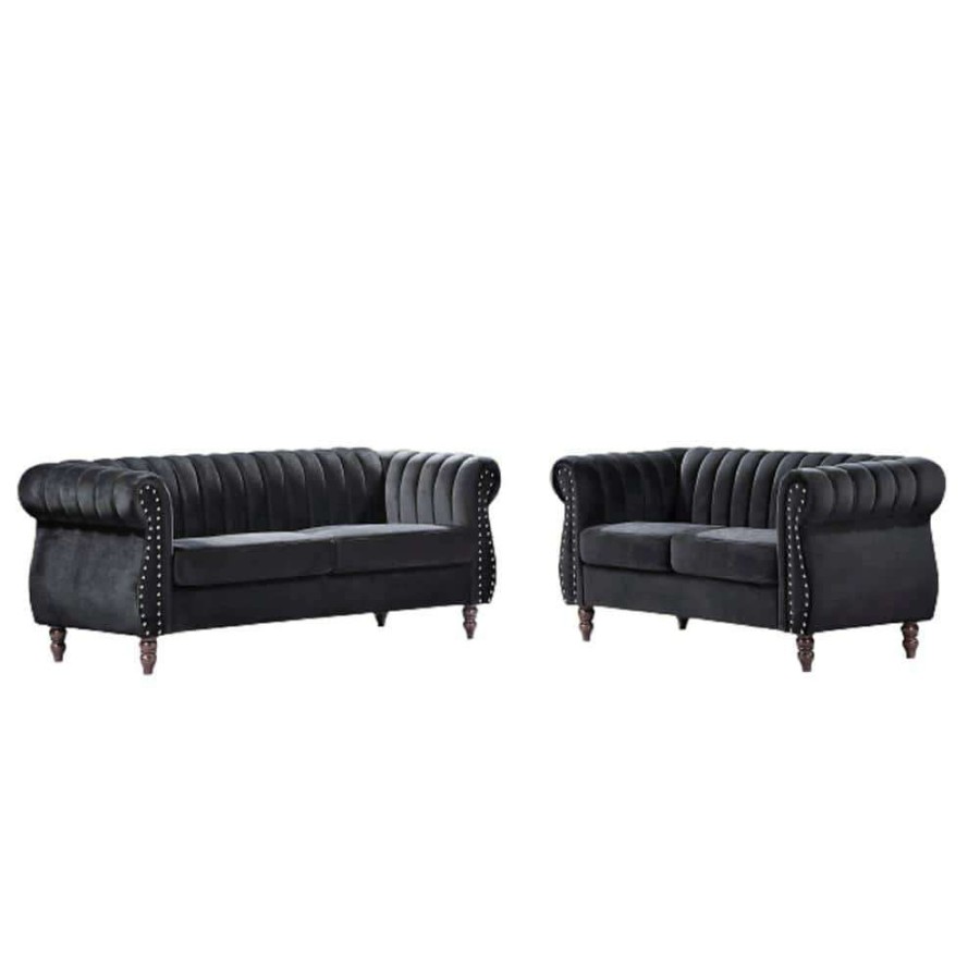 Living Room Furniture * | Louis Black Velvet Nailhead Living Room Set Sofa And Loveseat By Us Pride Furniture