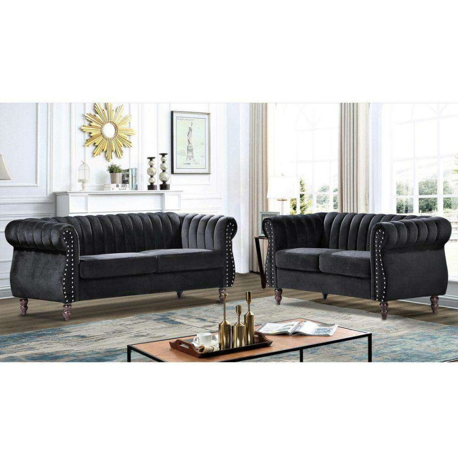 Living Room Furniture * | Louis Black Velvet Nailhead Living Room Set Sofa And Loveseat By Us Pride Furniture