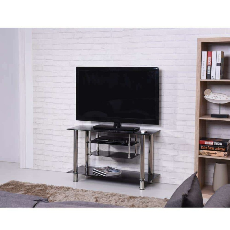 Living Room Furniture * | 39 In. Black Glass Tv Stand Fits Tvs Up To 55 In. With Built-In Storage By Hodedah