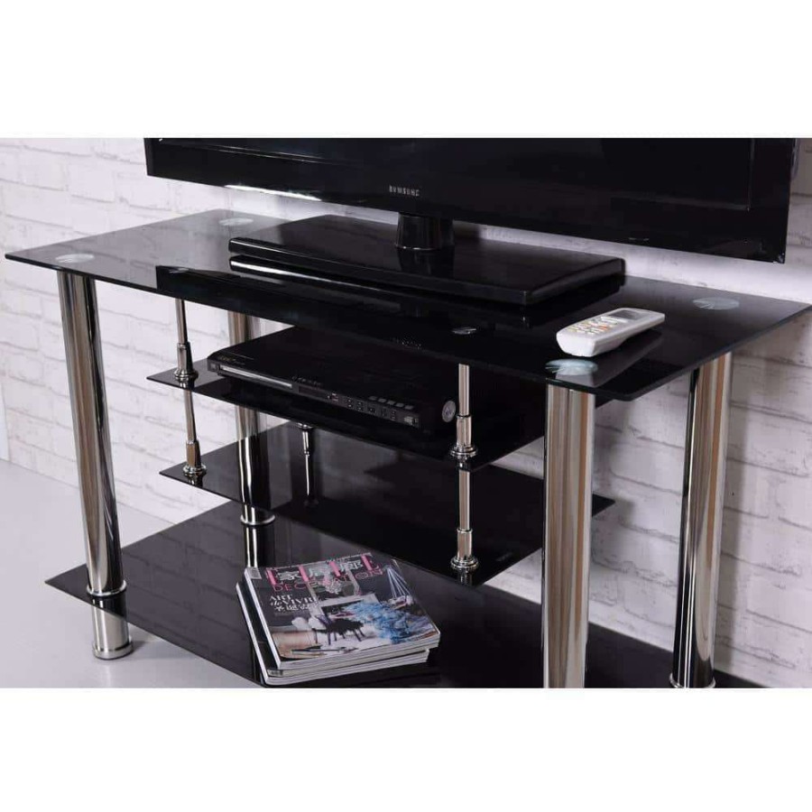 Living Room Furniture * | 39 In. Black Glass Tv Stand Fits Tvs Up To 55 In. With Built-In Storage By Hodedah