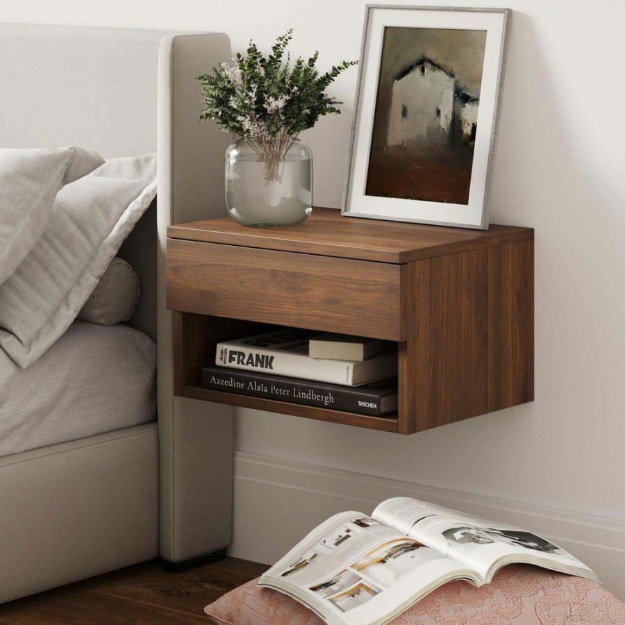 Bedroom Furniture * | Jackson 16 In. Dark Walnut Brown Rectangle Wood End Table Nightstand Side Table With Storage Drawer Open Shelf Cubby By Nathan James