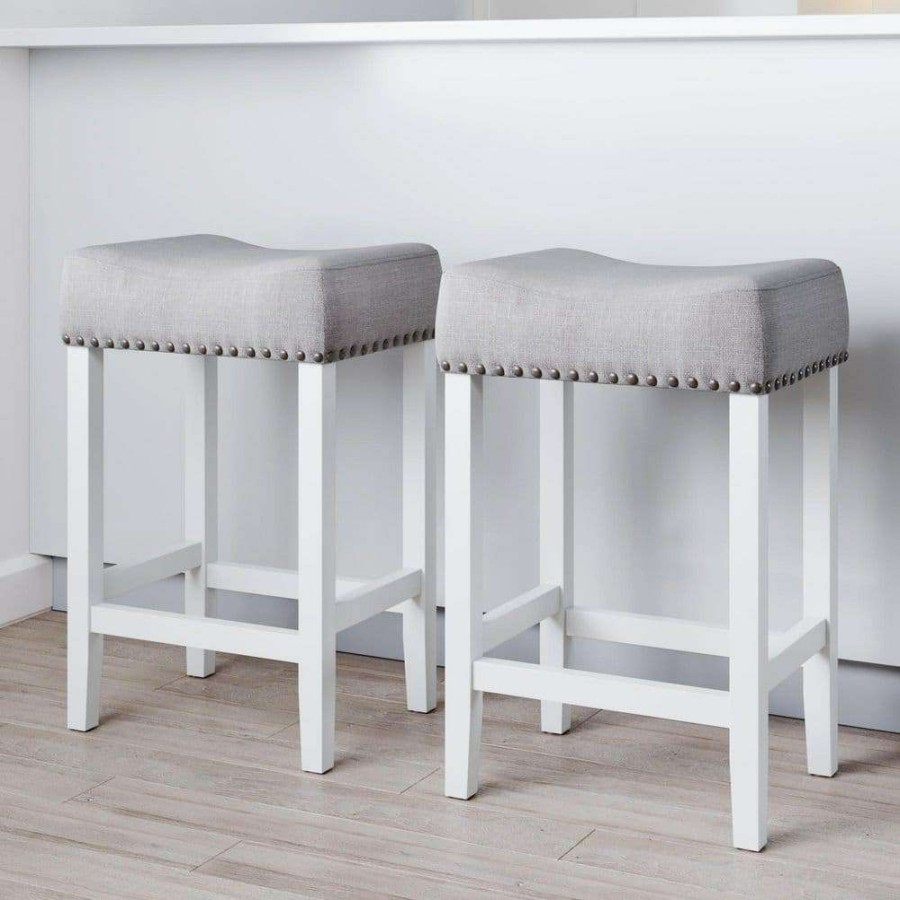 Bar Furniture * | Set Of 2 Hylie 24 In. Gray Fabric Cushion White Finish Nailhead Wood Pub-Height Counter Bar Stools By Nathan James