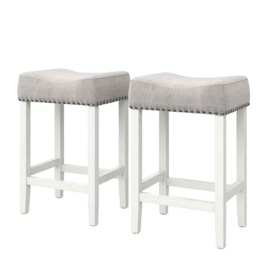 Bar Furniture * | Set Of 2 Hylie 24 In. Gray Fabric Cushion White Finish Nailhead Wood Pub-Height Counter Bar Stools By Nathan James