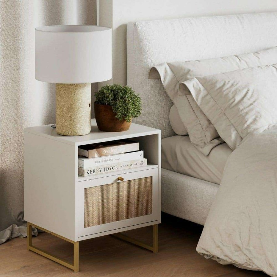 Bedroom Furniture * | Mina White/Gold Accent Table With Rattan Storage Door Living Room End Table Bedroom Nightstand 22 In. X 19 In. X 17 In. By Nathan James