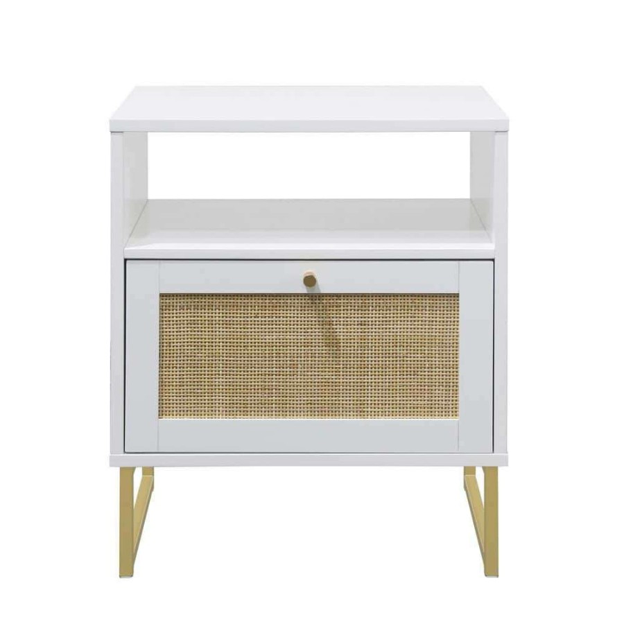 Bedroom Furniture * | Mina White/Gold Accent Table With Rattan Storage Door Living Room End Table Bedroom Nightstand 22 In. X 19 In. X 17 In. By Nathan James