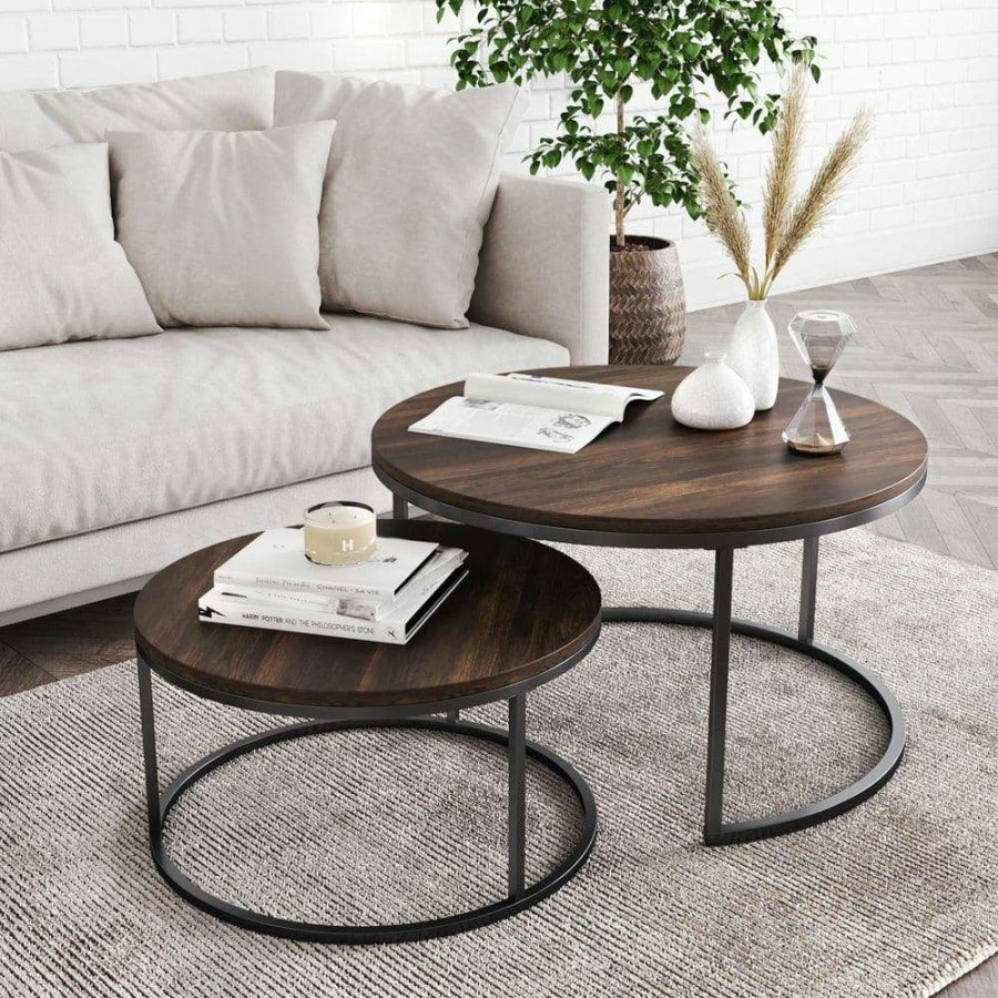 Living Room Furniture * | Stella 2-Piece 32 In. Black/Nutmeg Medium Round Wood Coffee Table Set With Nesting Tables By Nathan James