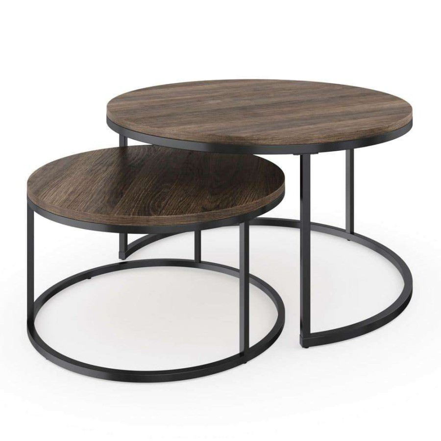 Living Room Furniture * | Stella 2-Piece 32 In. Black/Nutmeg Medium Round Wood Coffee Table Set With Nesting Tables By Nathan James