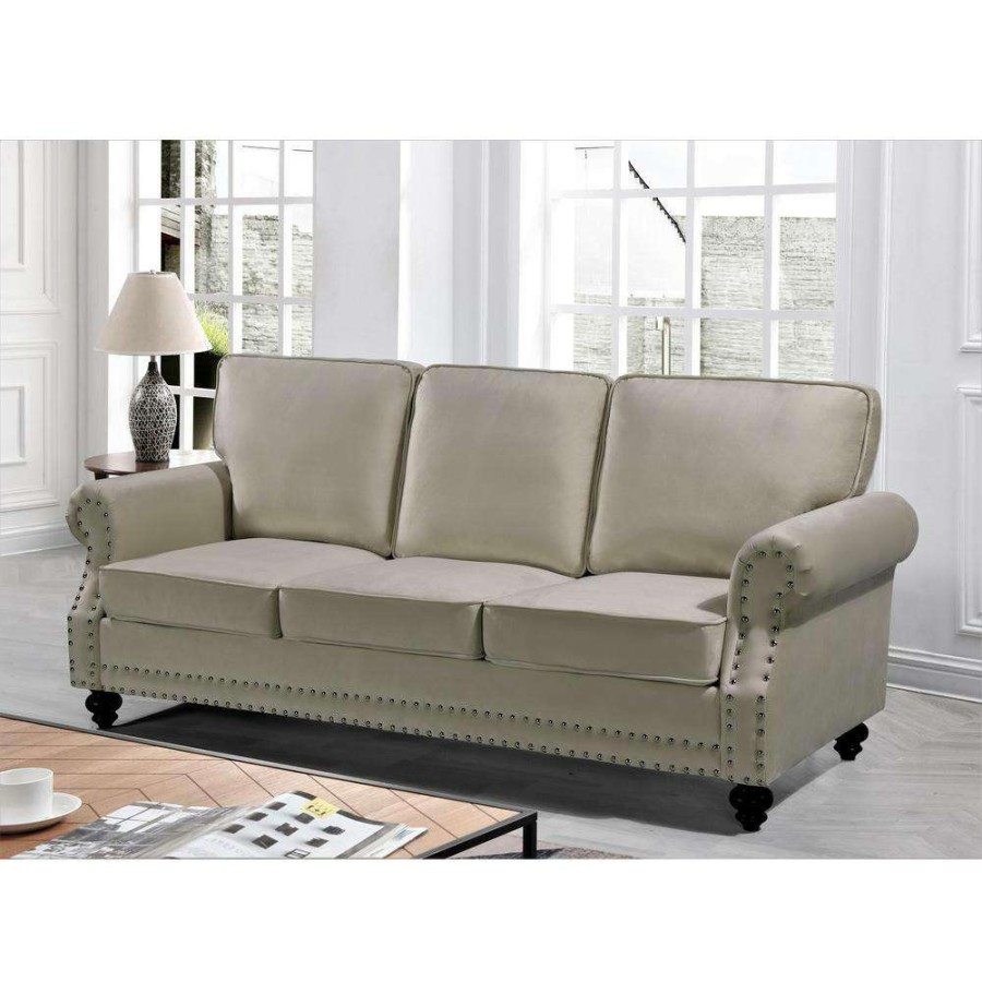 Living Room Furniture * | Ramos Beige Nailhead Velvet Sofa By Us Pride Furniture