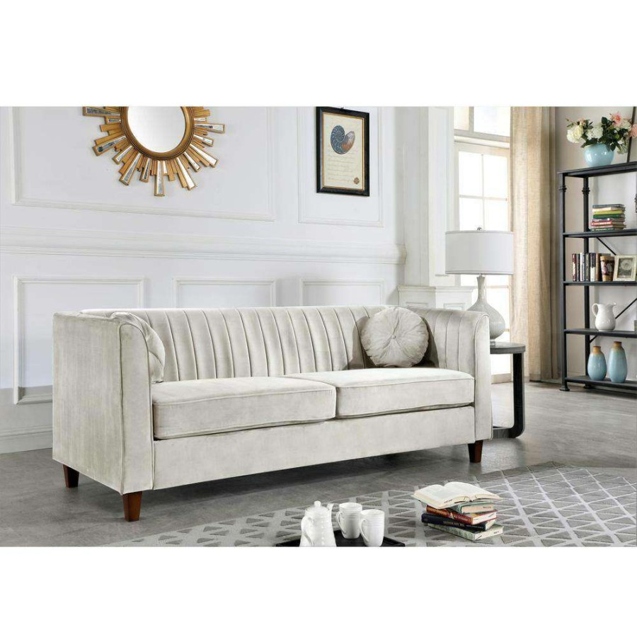 Living Room Furniture * | Lowery 79.5 In. Beige Velvet 3-Seater Tuxedo Sofa With Square Arms By Us Pride Furniture