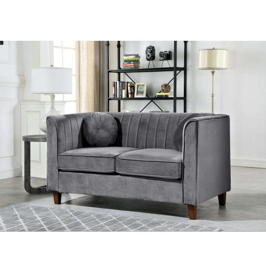 Living Room Furniture * | Lowery 55 In. Gray Velvet 2 Seats Chesterfield Loveseat With Square Arms By Us Pride Furniture