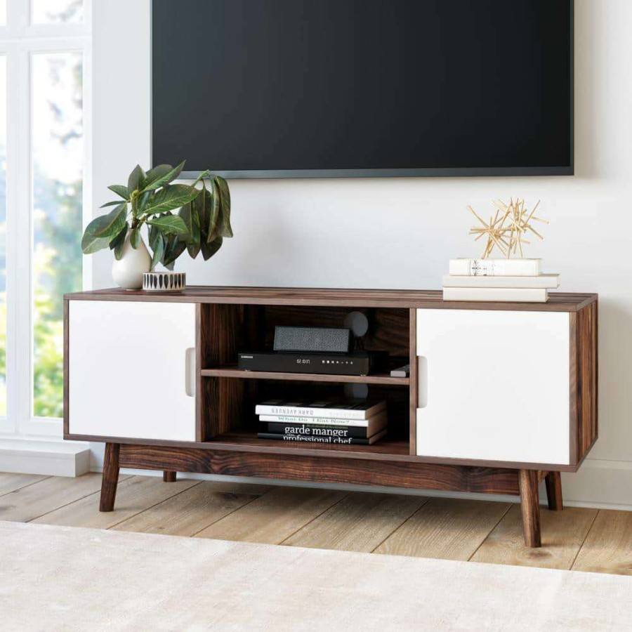 Living Room Furniture * | Wesley 43 In. Brown And White Particle Board Tv Stand Fits Tvs Up To 32 In. With Storage Doors By Nathan James