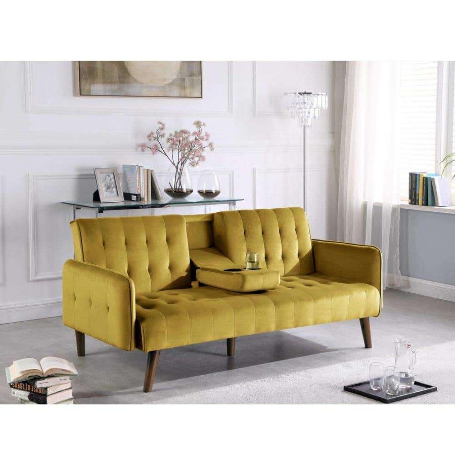 Living Room Furniture * | Thomas 72 In. Vivid Yellow Velvet 2-Seats Twin Sofa Beds By Us Pride Furniture