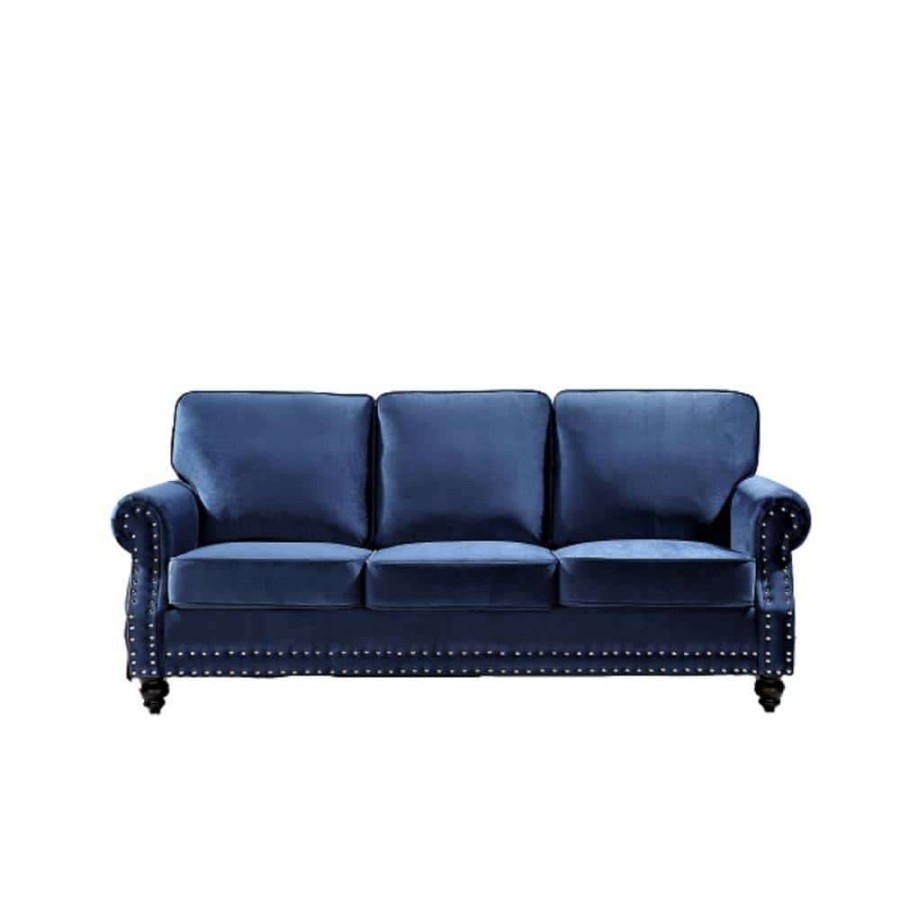 Living Room Furniture * | Ramos 85 In. W Round Arm 3-Seats Dark Blue Velvet Nailhead Straight Lawson Sofa In Blue By Us Pride Furniture