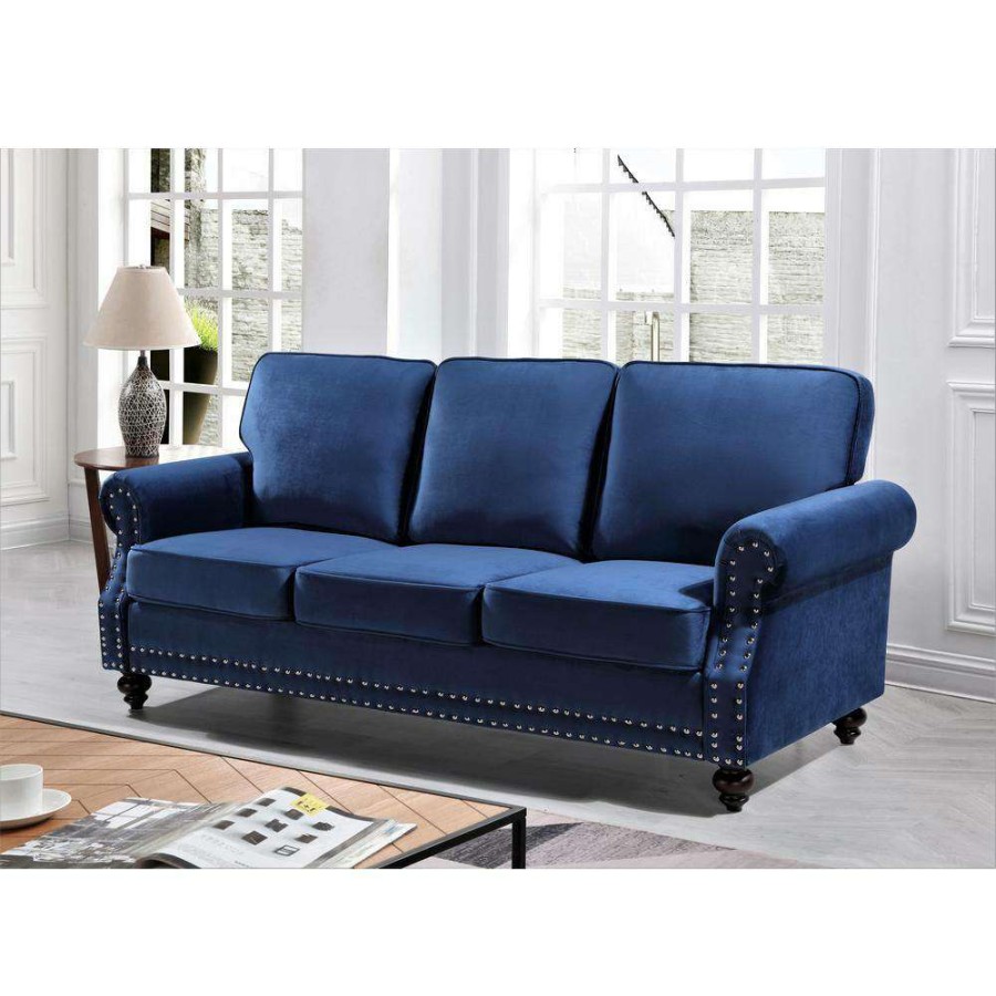 Living Room Furniture * | Ramos 85 In. W Round Arm 3-Seats Dark Blue Velvet Nailhead Straight Lawson Sofa In Blue By Us Pride Furniture