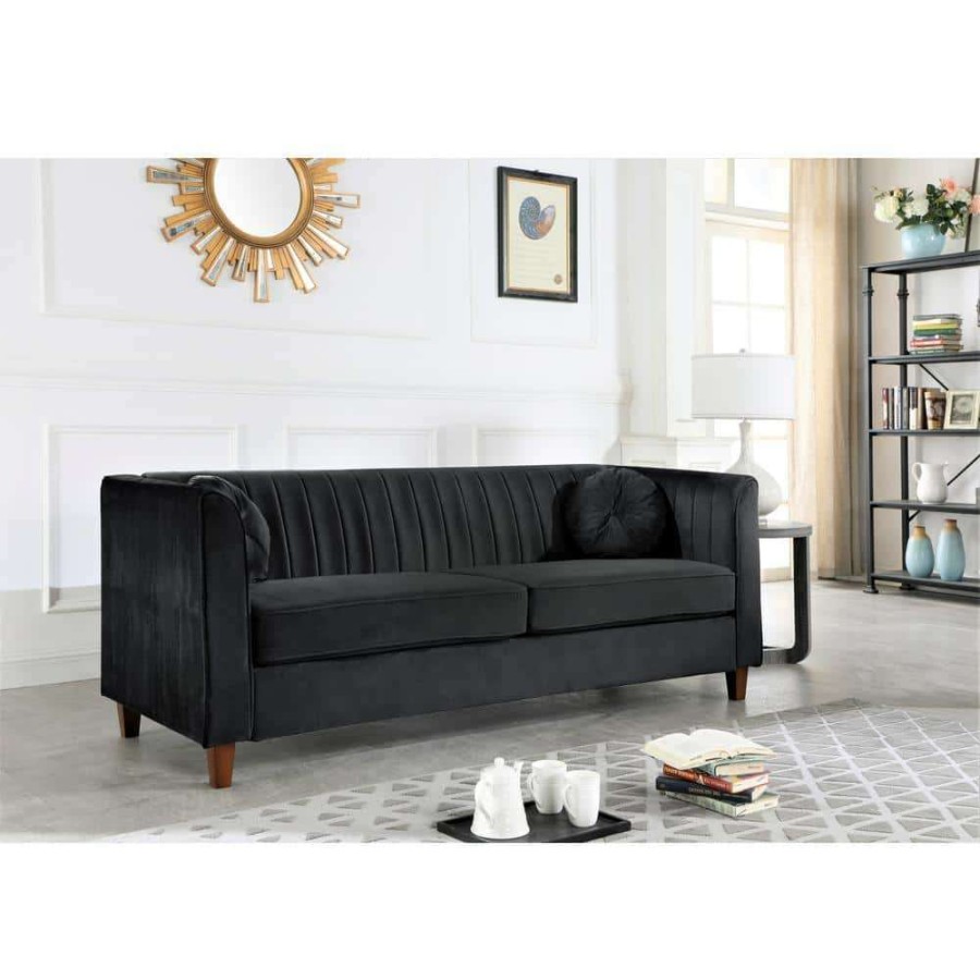 Living Room Furniture * | Lowery 79.5 In. W Square Arm Velvet 3-Seats Tuxedo Straight Sofa With Square Arms In Black By Us Pride Furniture