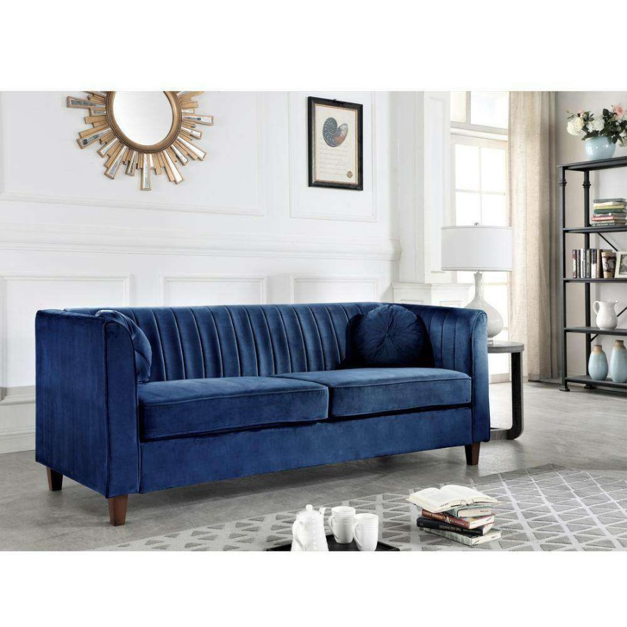 Living Room Furniture * | Lowery 79.5 In. Dark Blue Velvet 3-Seats Tuxedo Sofa With Square Arms By Us Pride Furniture