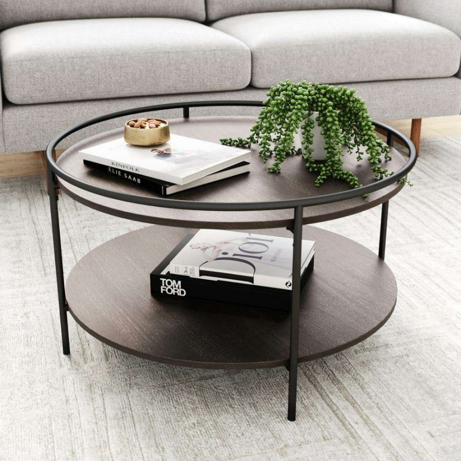 Living Room Furniture * | Paloma 32 In. Dark Oak/Black Medium Round Wood Coffee Table With Tray By Nathan James