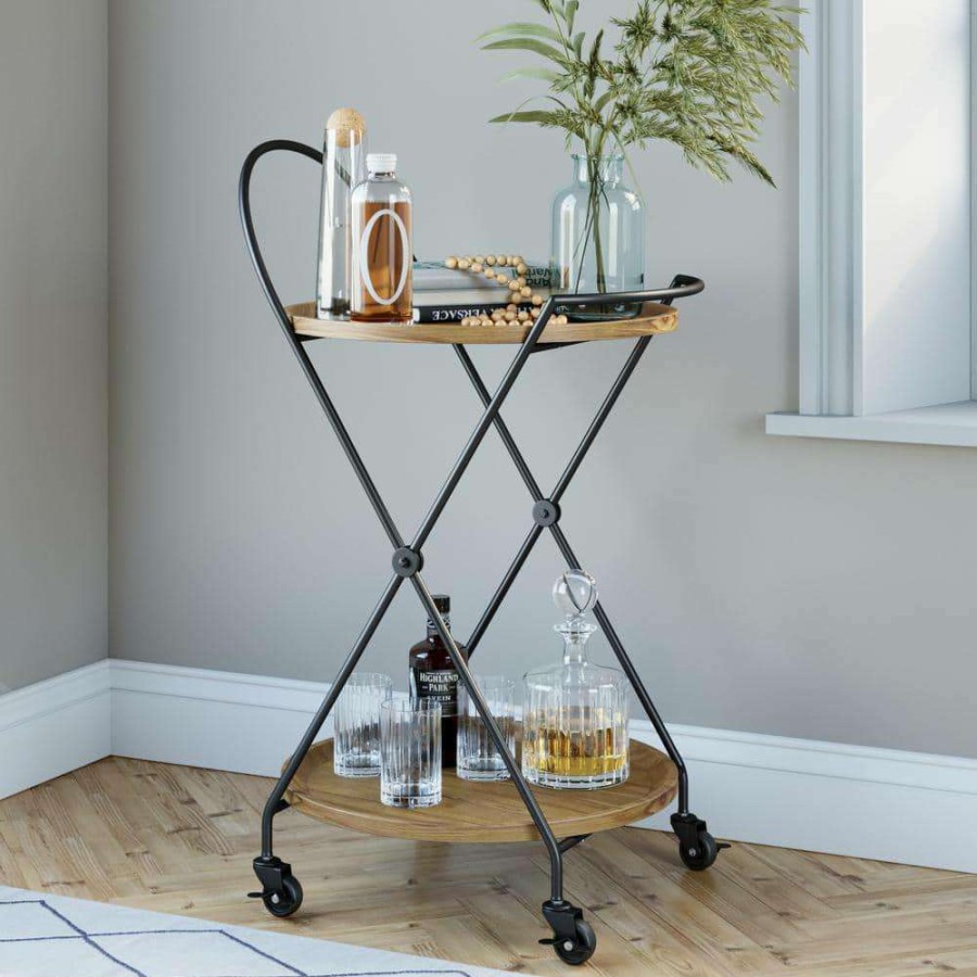 Bar Furniture * | Sage 2-Tier Warm Walnut Tray And Black Metal Round Mid-Century Rolling Bar Cart Or Serving Cart By Nathan James