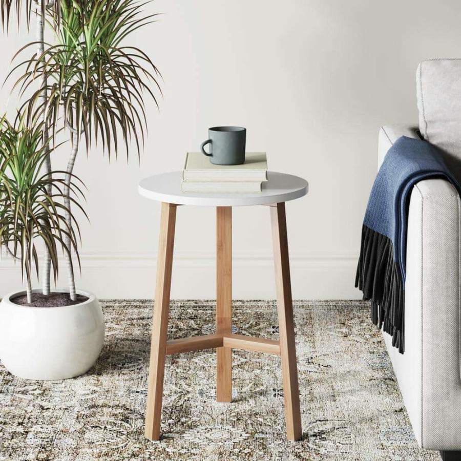 Living Room Furniture * | Barbara 16 In. White Round Wood End Table Accent Side Table For Living Room Or Bedroom With Modern Bamboo Legs By Nathan James