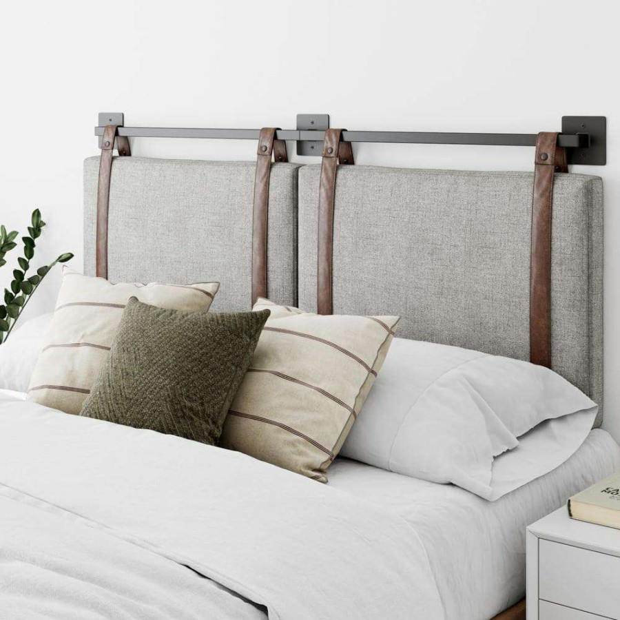 Bedroom Furniture * | Harlow 72 In. King Wall Mount Gray Upholstered Headboard Adjustable Brown Leather Straps And Black Metal Rail By Nathan James