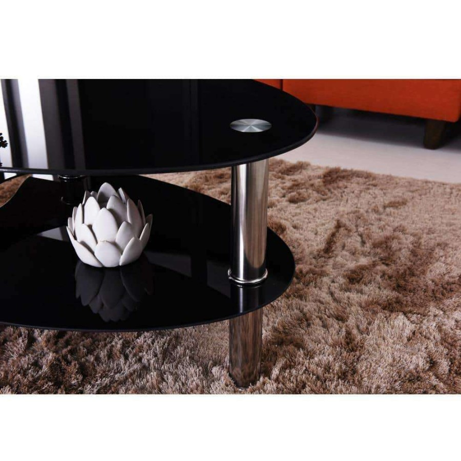 Living Room Furniture * | 44 In. Black Large Oval Glass Coffee Table With Shelf By Hodedah