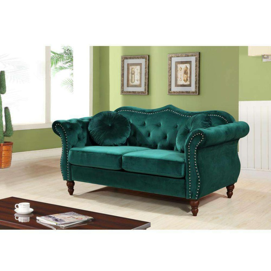 Living Room Furniture * | Bellbrook 65.5 In. Green Velvet 2-Seater Chesterfield Loveseat With Removable Cushions By Us Pride Furniture