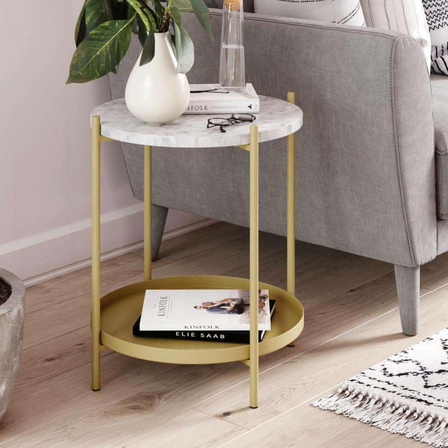 Living Room Furniture * | Alexis White Faux Marble With Gold Brass Metal Frame Round End Side Table By Nathan James