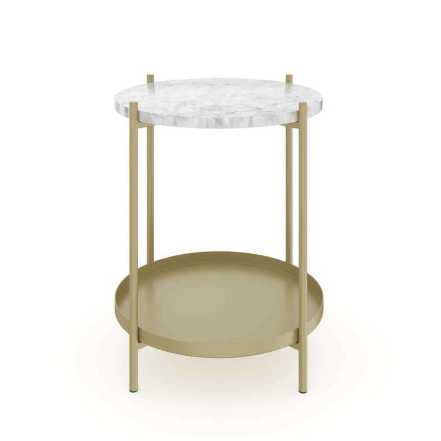 Living Room Furniture * | Alexis White Faux Marble With Gold Brass Metal Frame Round End Side Table By Nathan James