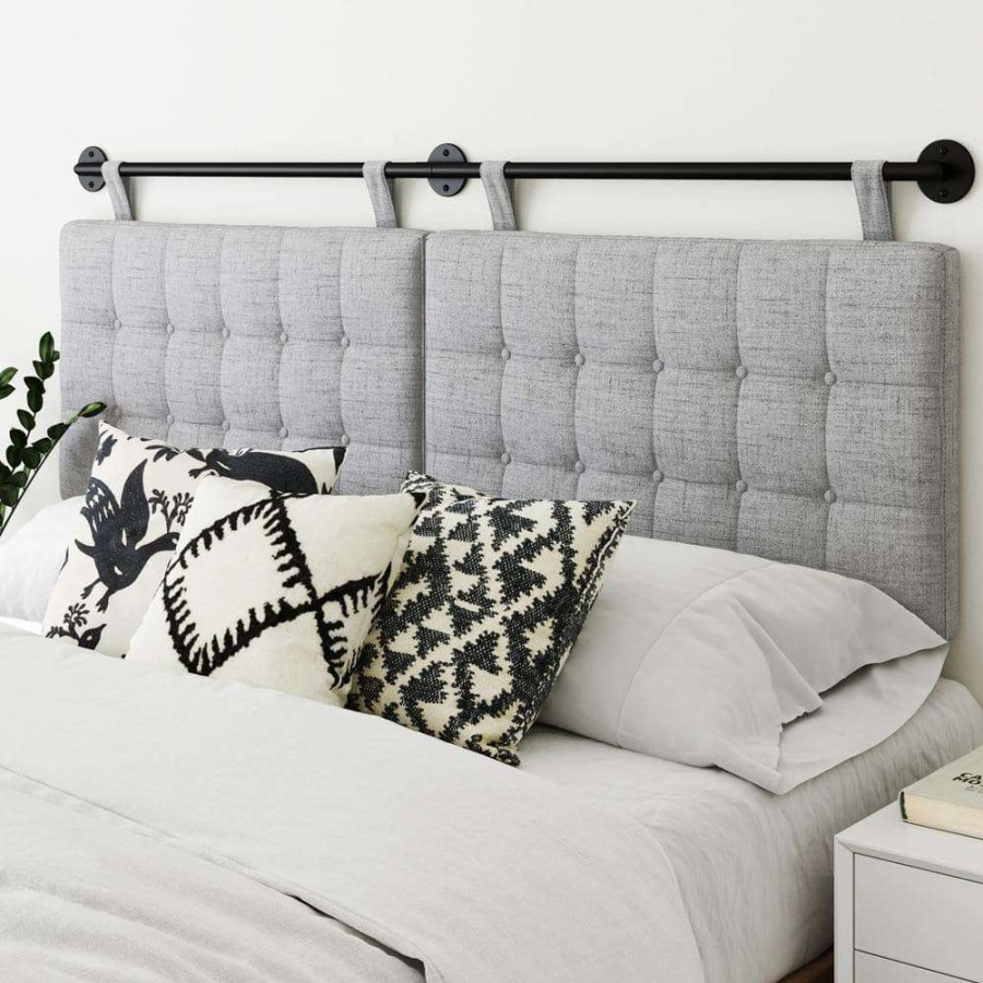 Bedroom Furniture * | Remi King 71 In. W Button Tufted Gray/Black King Wall Mount Upholstered Panels Adjustable Straps Metal Rail Headboard By Nathan James