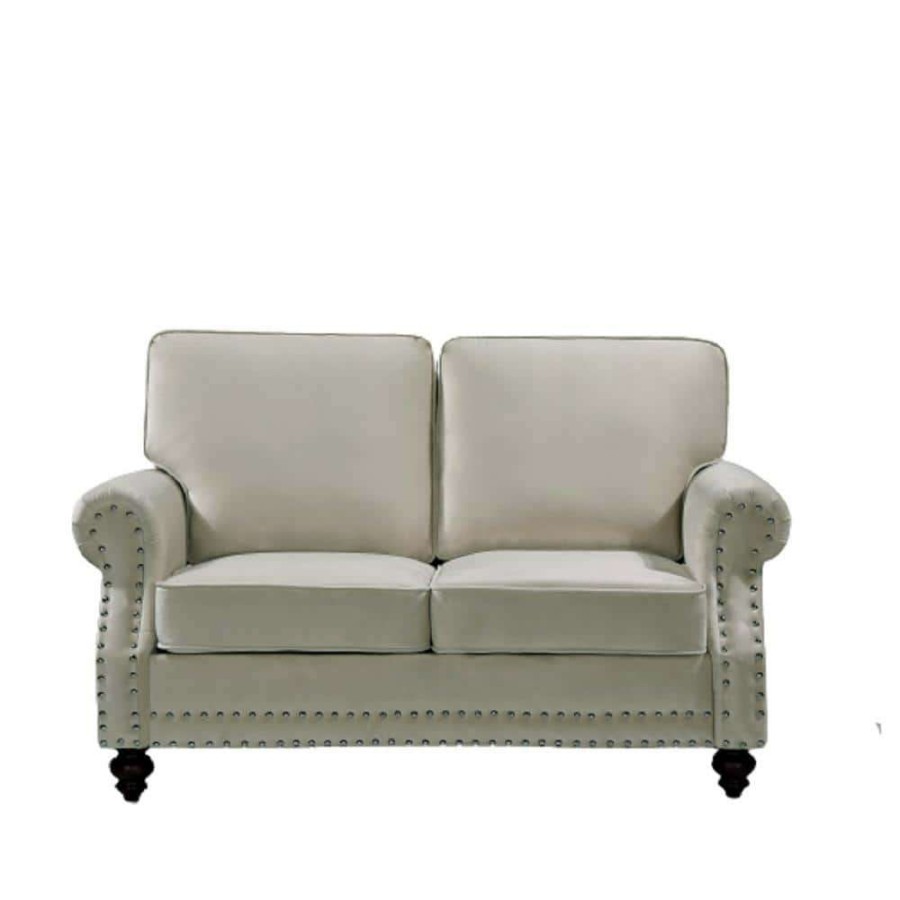 Living Room Furniture * | Ramos 61 In. W Ivory Round Arm 2-Seats Velvet Nailhead Straight Lawson Sofa By Us Pride Furniture