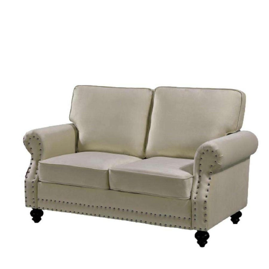 Living Room Furniture * | Ramos 61 In. W Ivory Round Arm 2-Seats Velvet Nailhead Straight Lawson Sofa By Us Pride Furniture