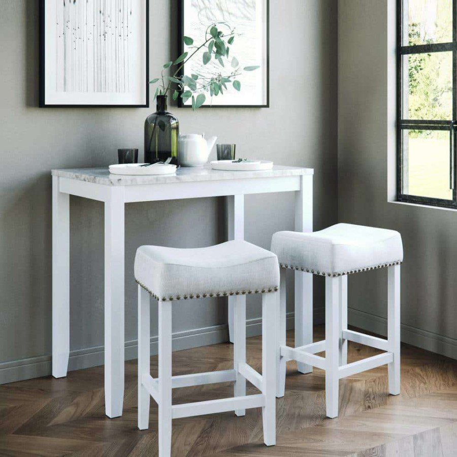 Kitchen & Dining Room Furniture * | Viktor Three-Piece Dining Set Kitchen Pub Table Marble Top White Wood Base Light Gray Fabric Seat By Nathan James