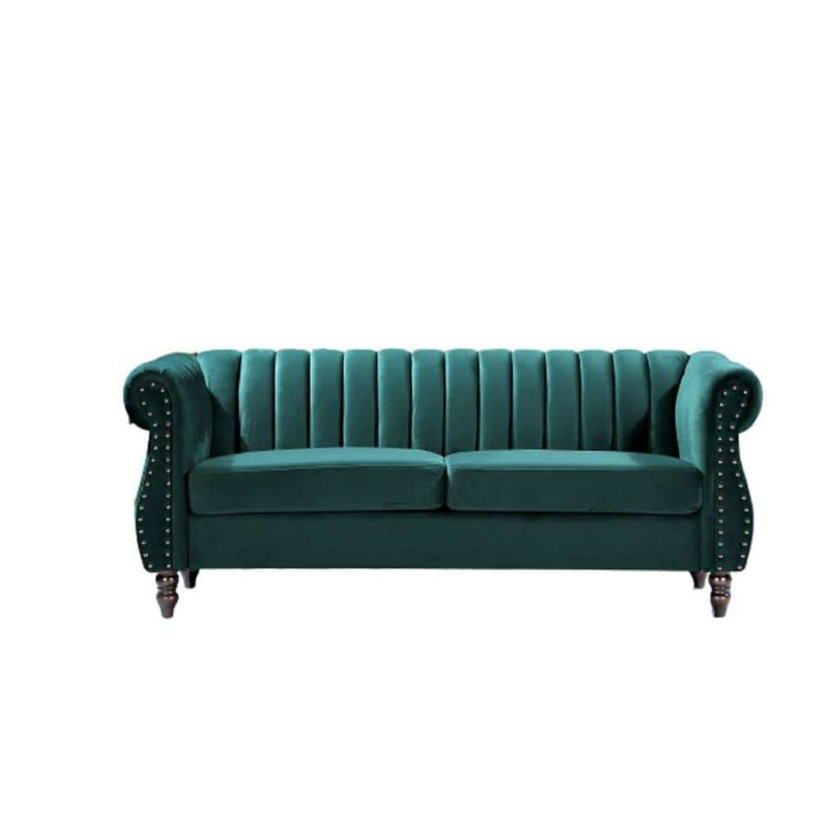 Living Room Furniture * | Louis 76.4 In. Green Velvet 3-Seats Chesterfield Sofa With Nailheads By Us Pride Furniture