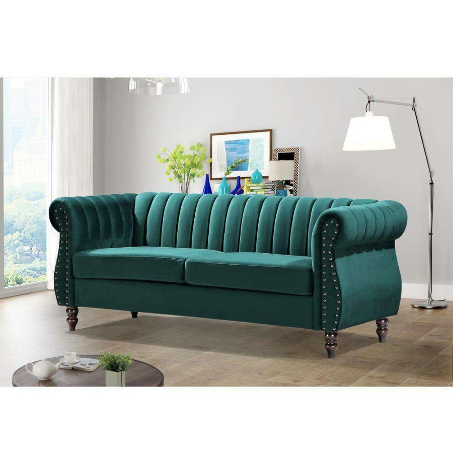 Living Room Furniture * | Louis 76.4 In. Green Velvet 3-Seats Chesterfield Sofa With Nailheads By Us Pride Furniture