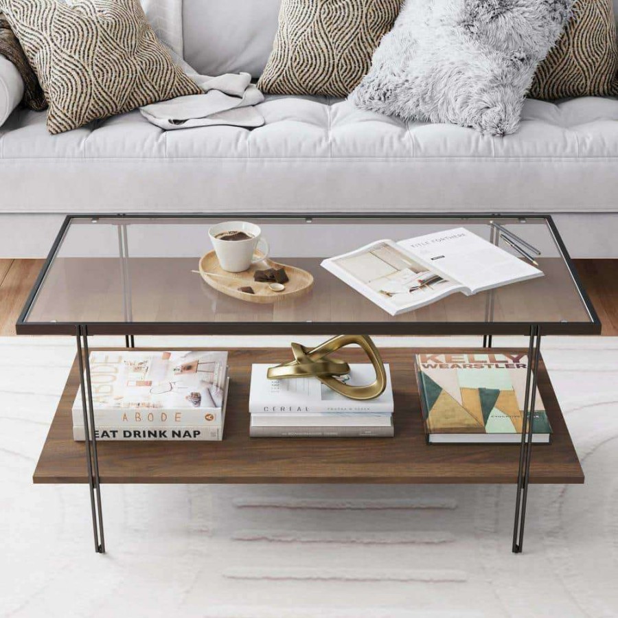 Living Room Furniture * | Asher 39 In. Warm Walnut/Black Mid-Century Rectangle Glass Coffee Table With Walnut Floating Shelf And Black Metal Legs By Nathan James