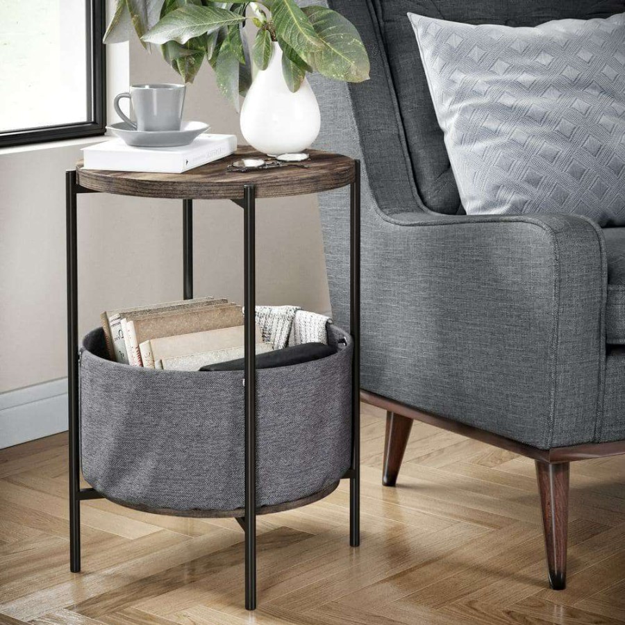 Living Room Furniture * | Oraa Nutmeg And Black Metal Frame Nightstand Or Side Table With Storage Basket By Nathan James