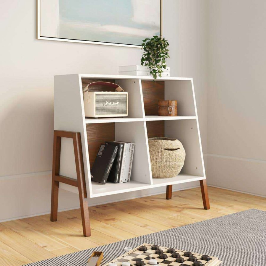 Living Room Furniture * | Telos Glossy White And Brown 4-Cube Organizer Storage Cabinet With Open Shelves And Angled Design By Nathan James