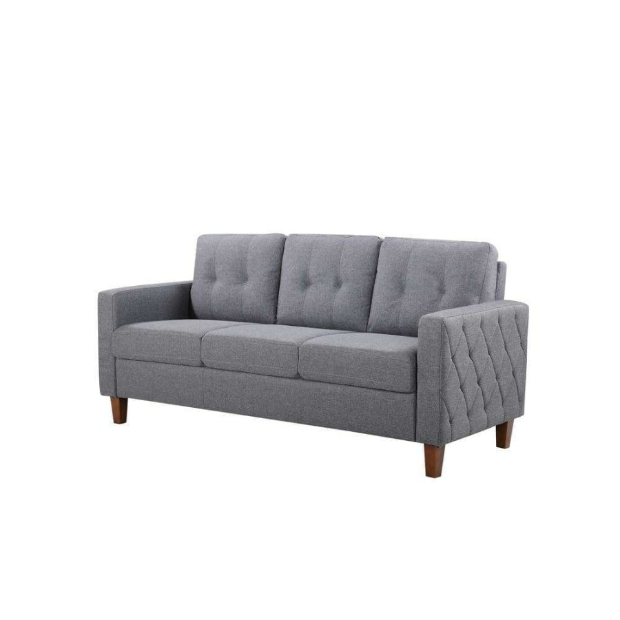 Living Room Furniture * | Rossetti 77 In. Gray 3-Seats Linen Mid-Century Tufted Sofa By Us Pride Furniture