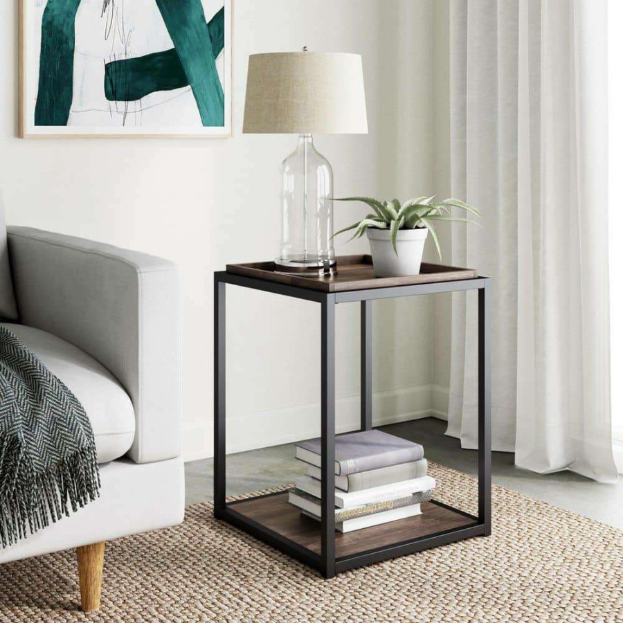 Living Room Furniture * | Nash 22 In. Nutmeg Matte Black Accent End Table Or Modern Side Table With Tray Top Shelves And Metal Frame By Nathan James