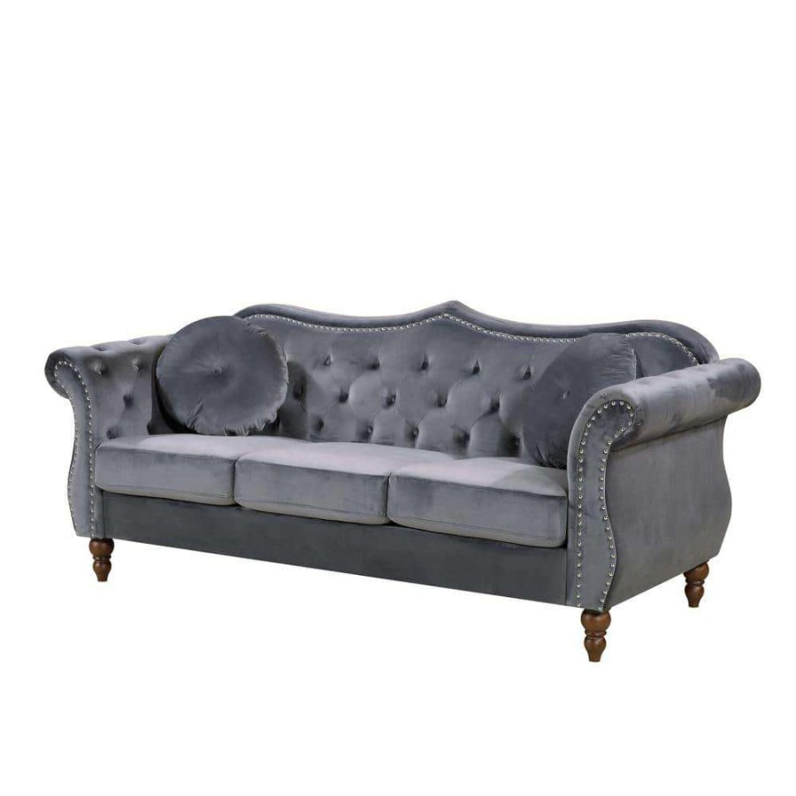 Living Room Furniture * | Bellbrook 79.5 In. Grey Velvet 3-Seater Camelback Sofa With Nailheads By Us Pride Furniture