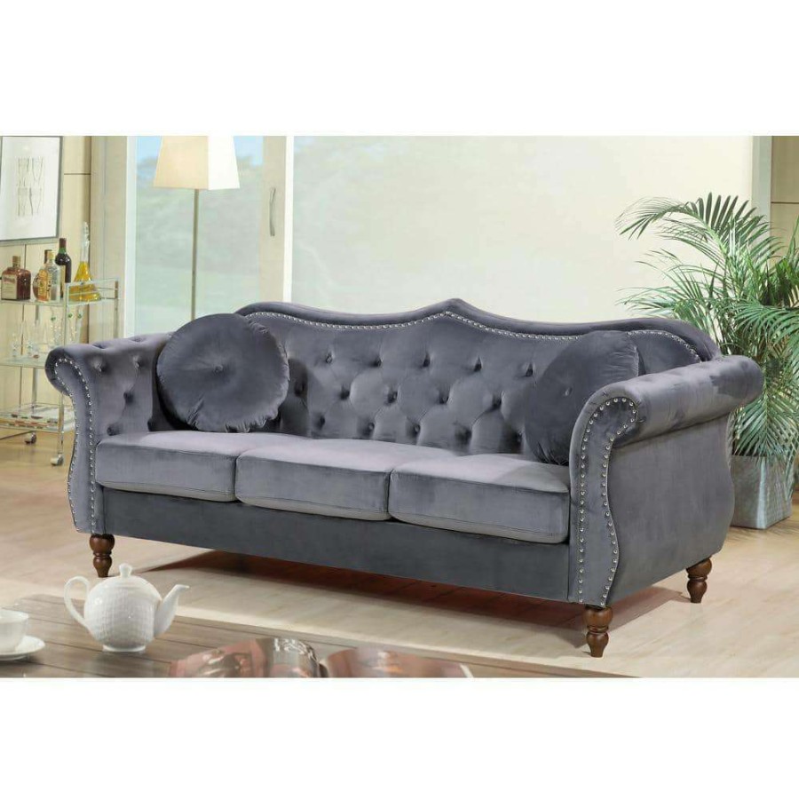 Living Room Furniture * | Bellbrook 79.5 In. Grey Velvet 3-Seater Camelback Sofa With Nailheads By Us Pride Furniture