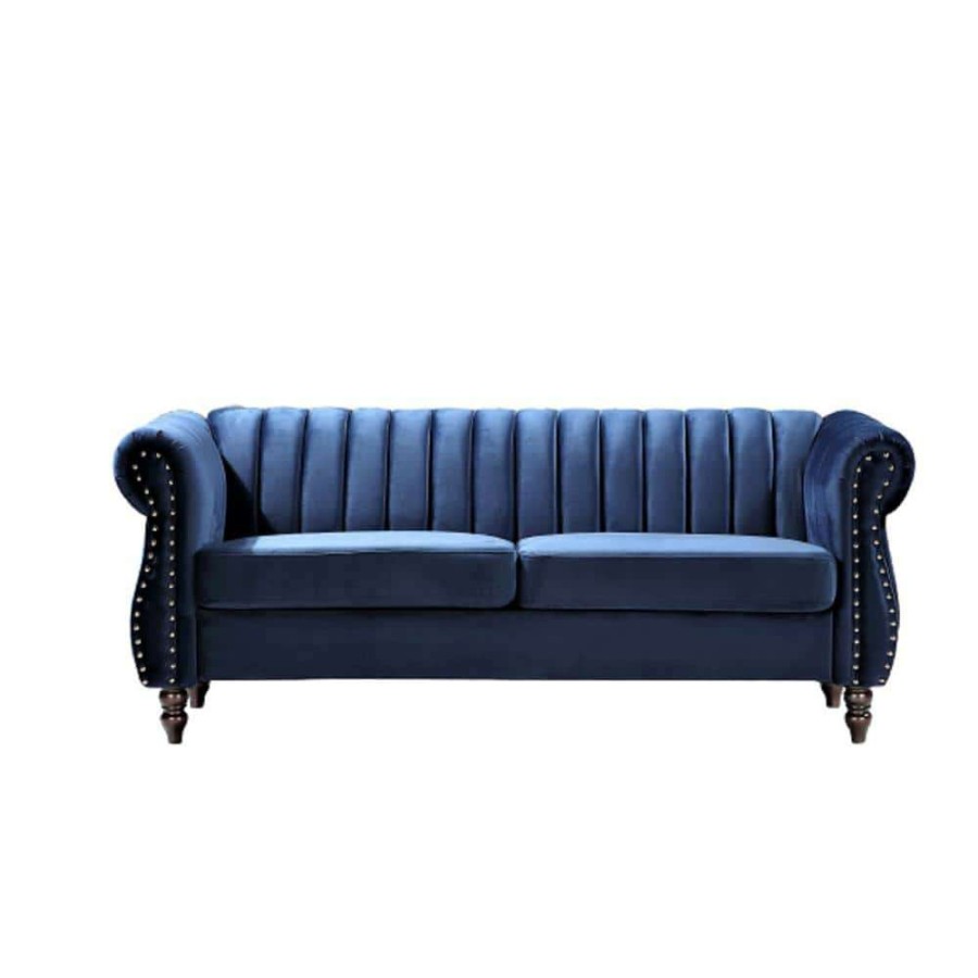 Living Room Furniture * | Louis 76.4 In. Dark Blue Velvet 3-Seater Chesterfield Sofa With Nailheads By Us Pride Furniture